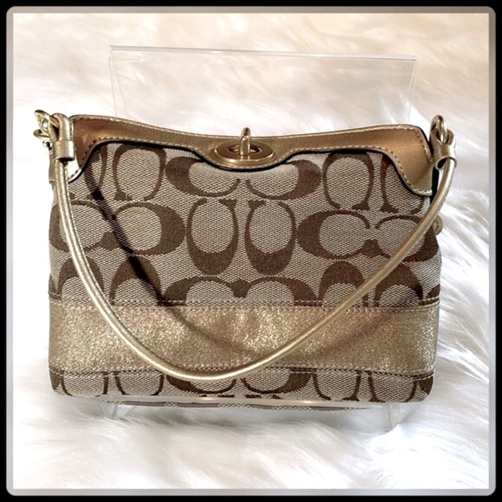 COACH Gold & Khaki Signature C Canvas Wristlet Pouch Bag